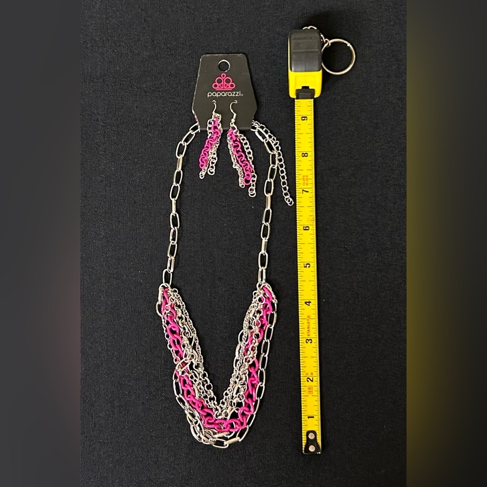 Hot Pink and Silver Multi Chain Necklace & Earring Set